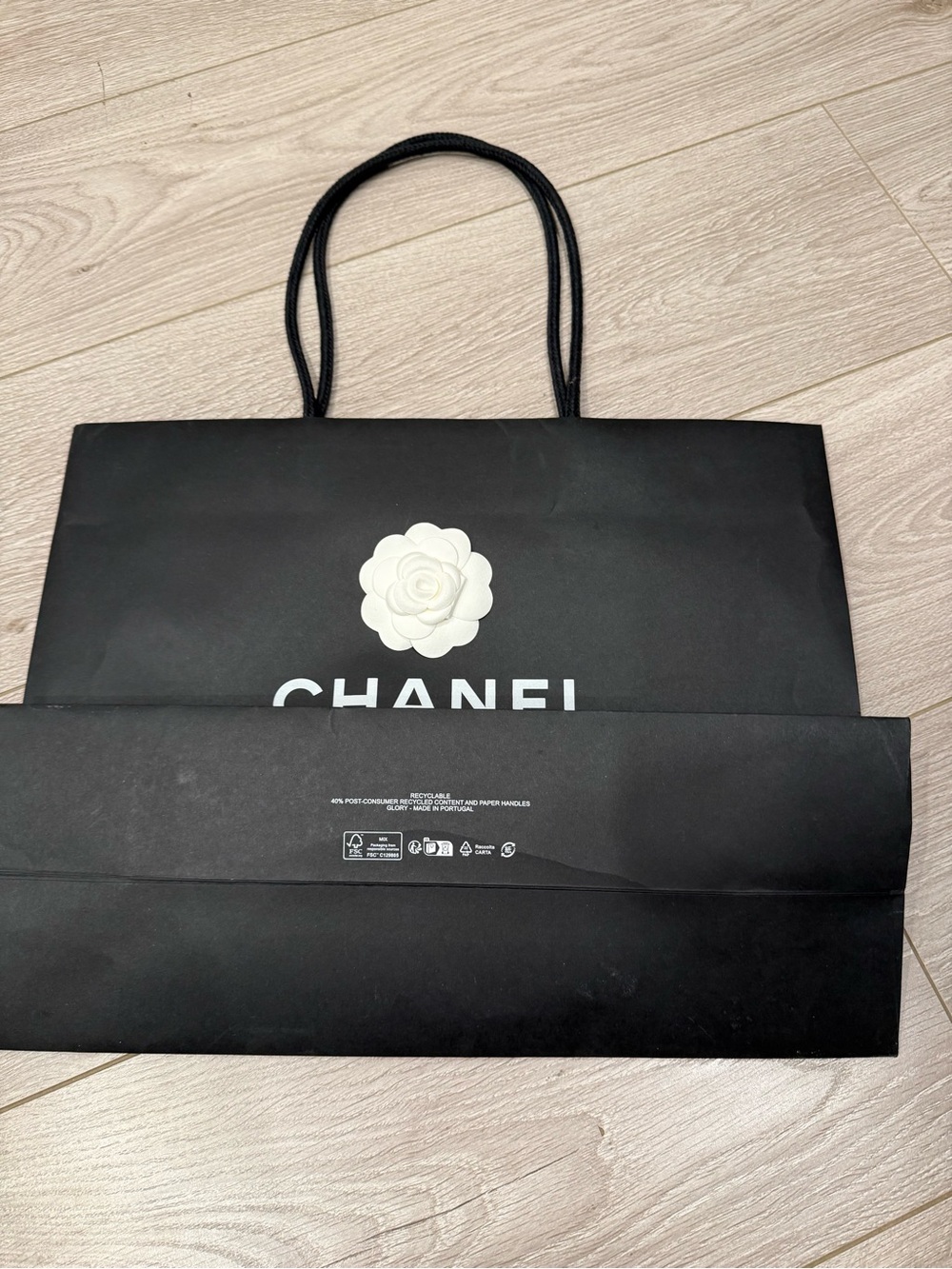 CHANEL Black Shopping Bag with White Camellia Accent